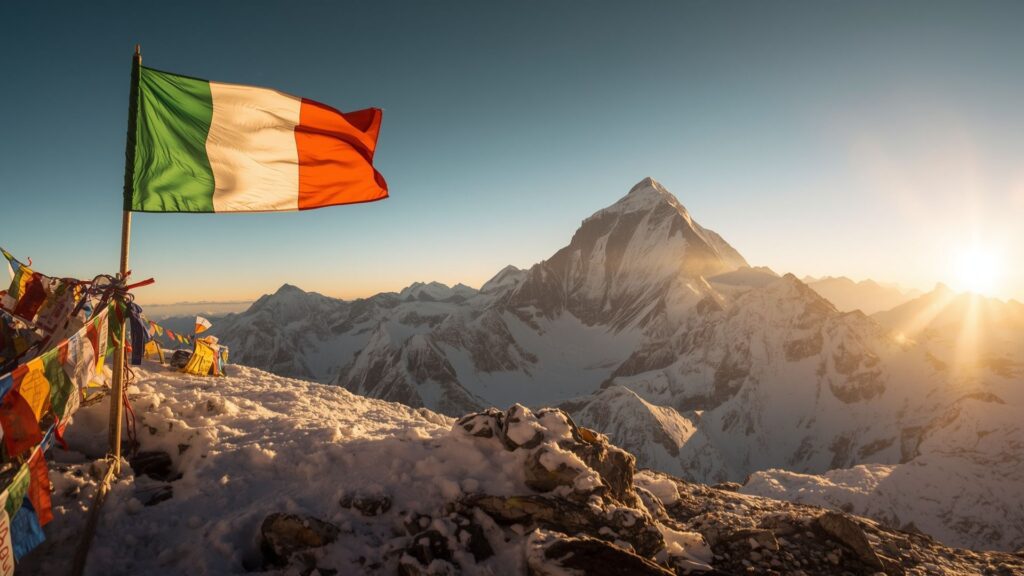 Irish flag marks the location of the world's highest Puc Fada performed by Pat Falvey on Everest
