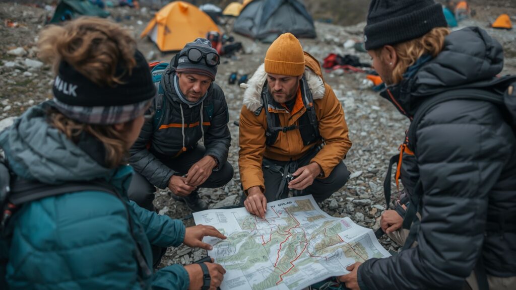 Mountain expedition planning session showing detailed preparation necessary for achieving your goals on challenging climbs