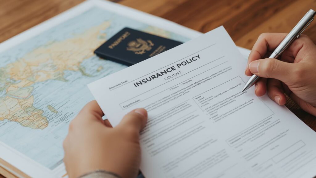 Travel insurance policy documents require careful review before mountain expedition departure