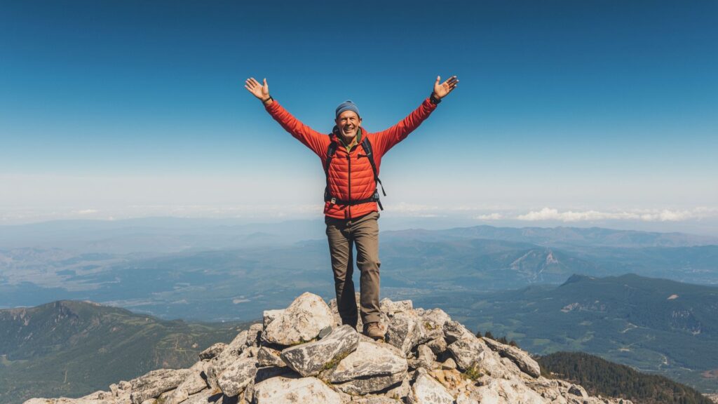 Senior summit success demonstrating lifelong brain health through regular walking and mountaineering