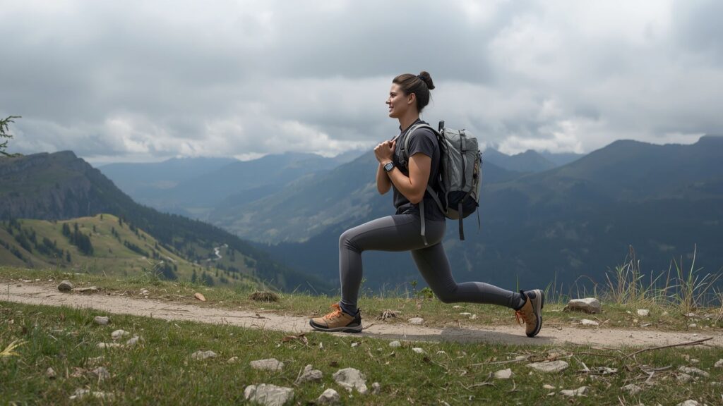 Tips for trekking fitness with hiker performing strength training lunges on mountain trail