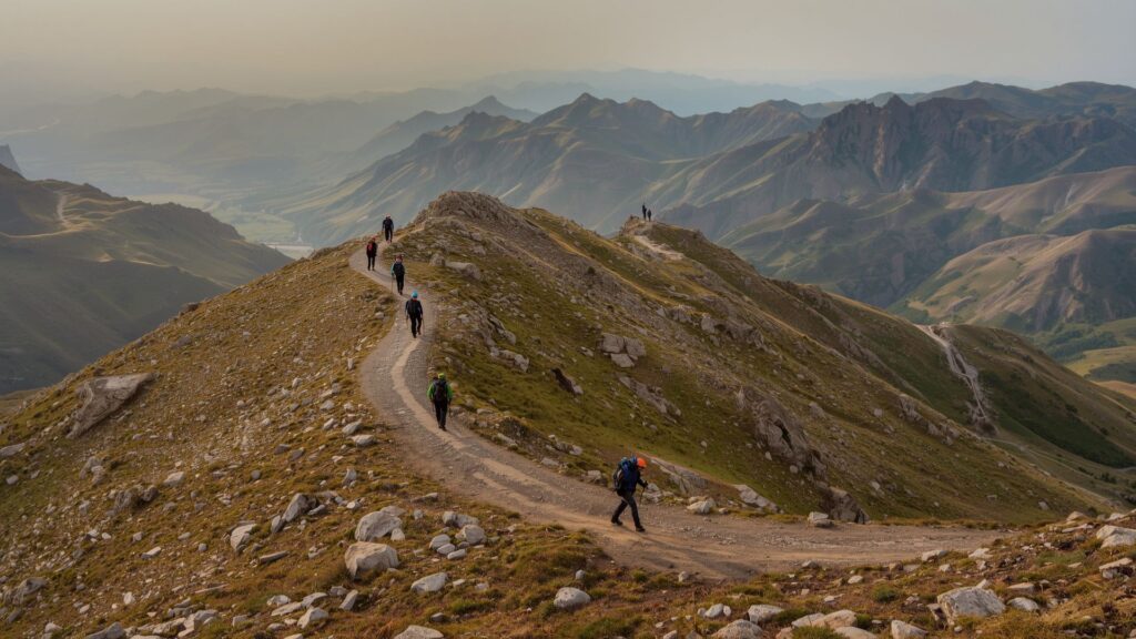 Tips for trekking preparation showing long-distance hikers building endurance on mountain path