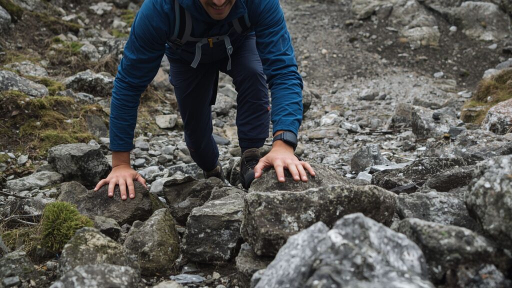 Tips for trekking terrain practice with hiker navigating rocky mountain scramble in challenging condition