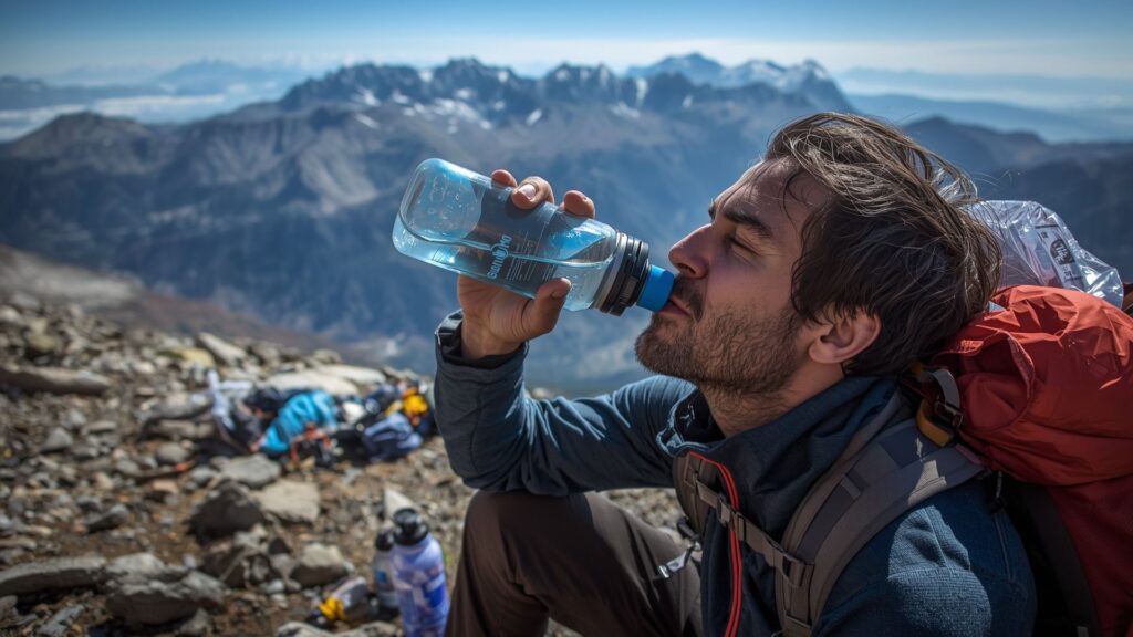 Tips for trekking hydration with hiker drinking water during mountain climb rest break