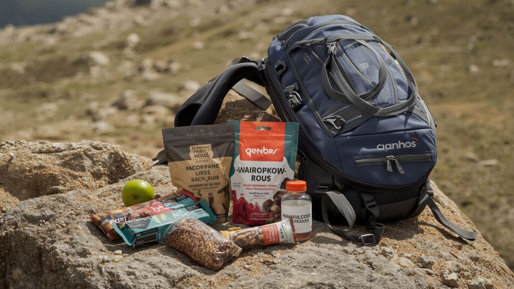 Tips for trekking nutrition showing essential high-energy snacks and hydration for mountain expeditions