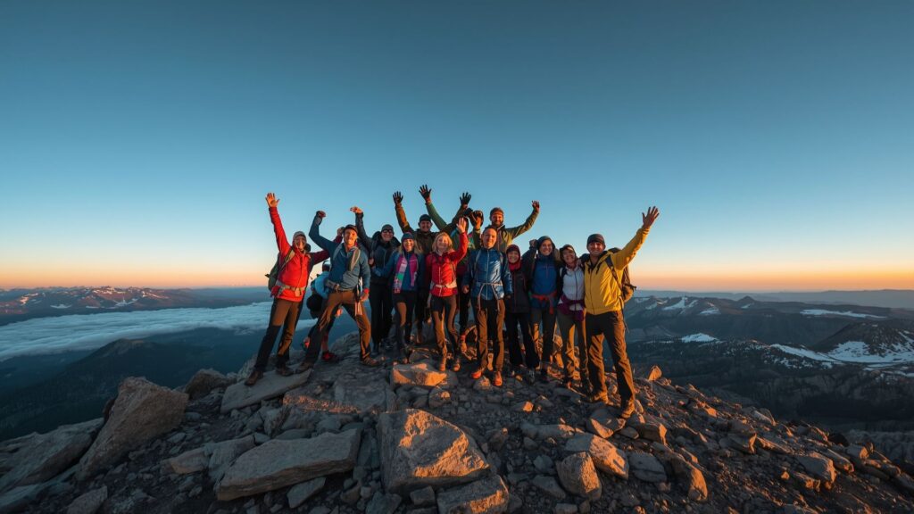 Tips for trekking success demonstrated by hikers celebrating summit achievement on mountain peak