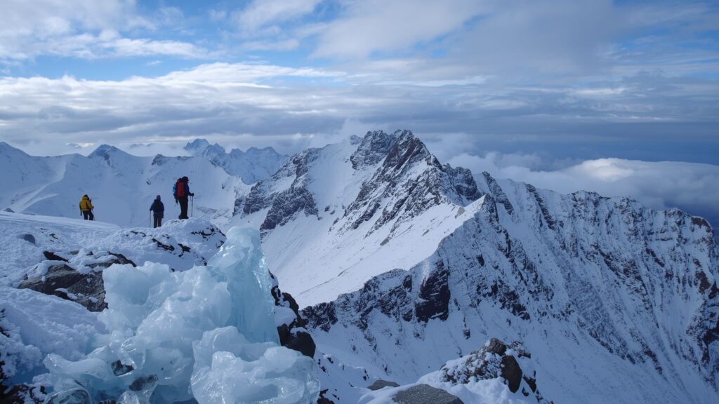 Winter conditions on the Irish Munros showing snow and ice on MacGillycuddy's Reeks requiring technical mountaineering skills