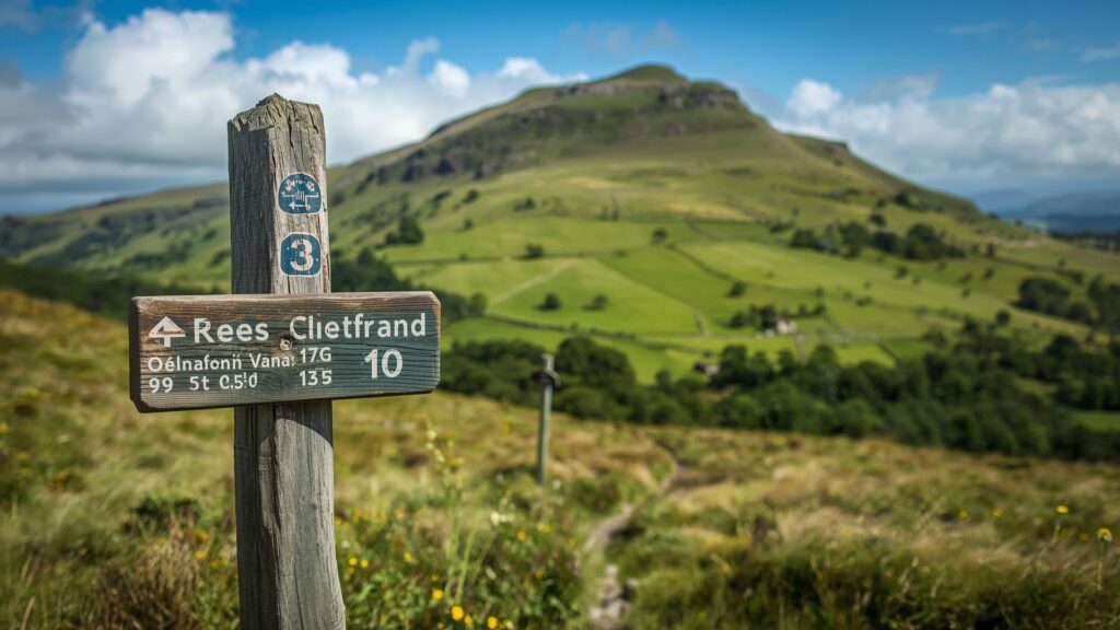 Trail selection signpost for hill walking for beginners showing route distances and elevation in Ireland