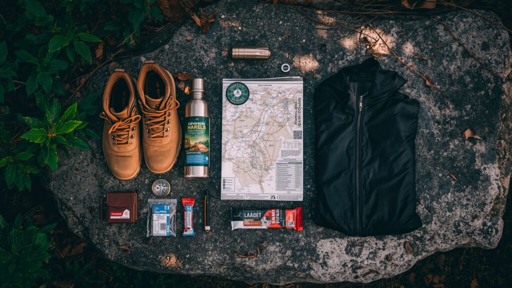 Essential gear and equipment laid out for hill walking for beginners including navigation tools and safety items