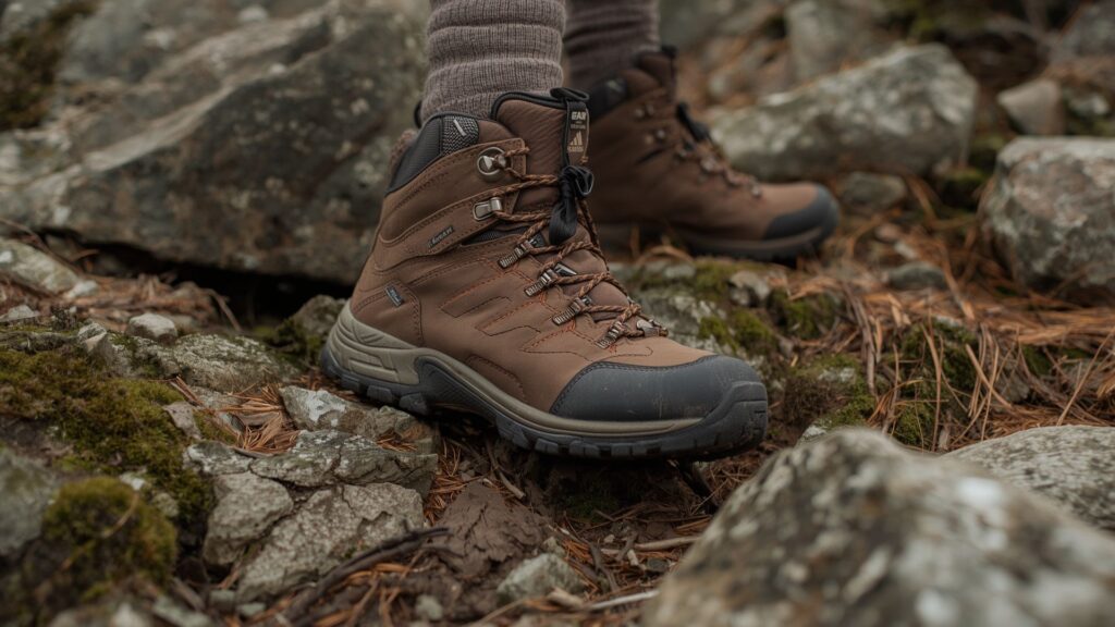 Proper hiking boots and wool socks for hill walking for beginners on rocky Irish mountain terrain
