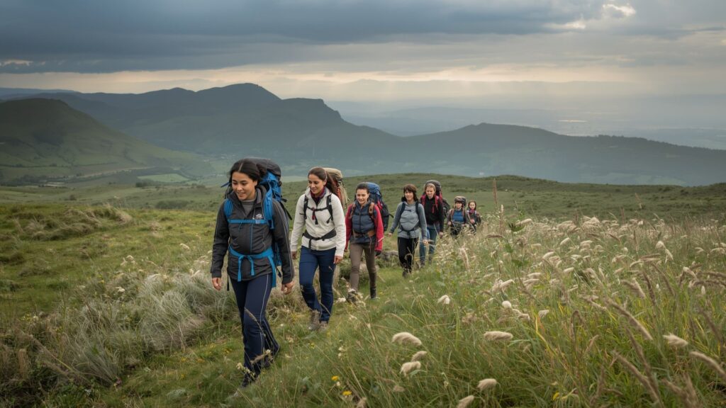 Beginner group maintaining sustainable walking pace during hill walking for beginners guided experience