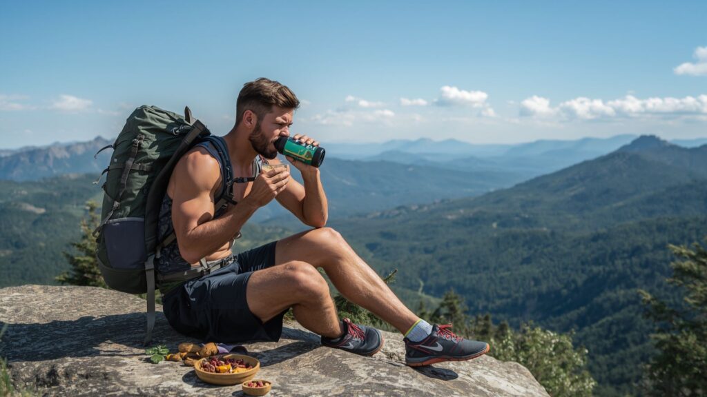 Trail nutrition break with healthy snacks and hydration during hill walking for beginners mountain trek