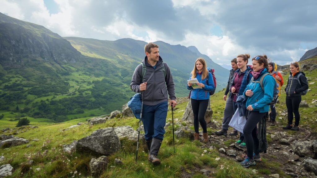Professional mountain guide leading hill walking for beginners group experience in Kerry Ireland mountains