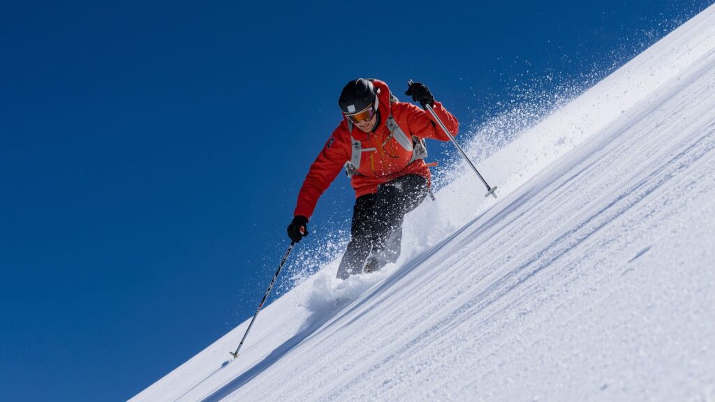 Winter mountaineer wearing softshell jacket during ski touring ascent in snowy conditions