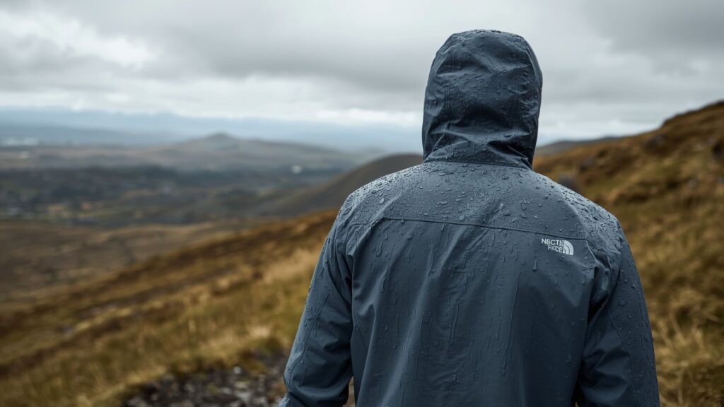 Hiker testing softshell jacket water resistance during light rain on Irish mountain trail