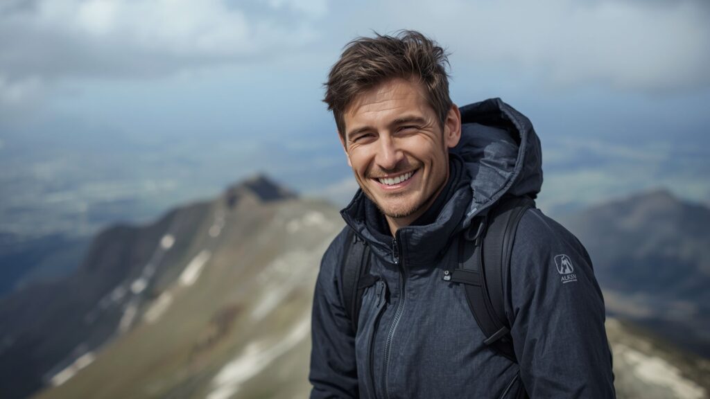 Mountaineer wearing softshell jacket at summit after successful Irish mountain climb