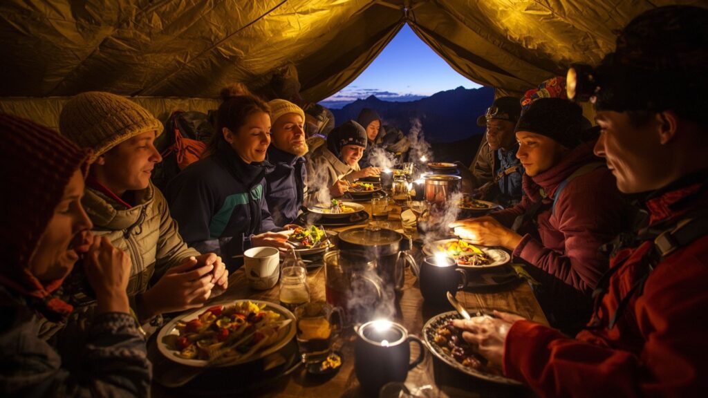 Kilimanjaro FAQs nutrition guidance showing typical expedition meal in mountain dining tent