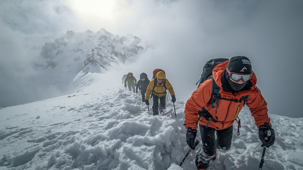 Mt. Elbrus expedition team facing severe weather conditions with winds exceeding 50 kilometres per hour