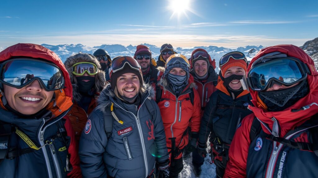 Mt. Elbrus expedition climbers wearing extreme cold weather gear rated to minus 30 degrees Celsius