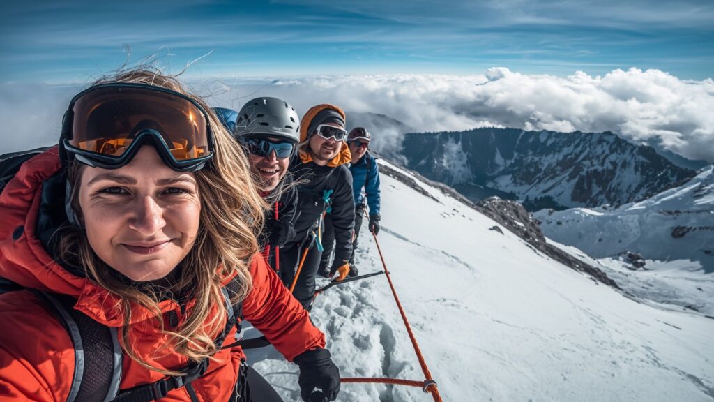 Mt. Elbrus expedition rope team ascending technical sections above 5,000 metres during summit push