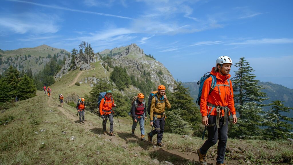 Small group expedition demonstrating COVID-19 Adventure travel safety protocols on mountain trek