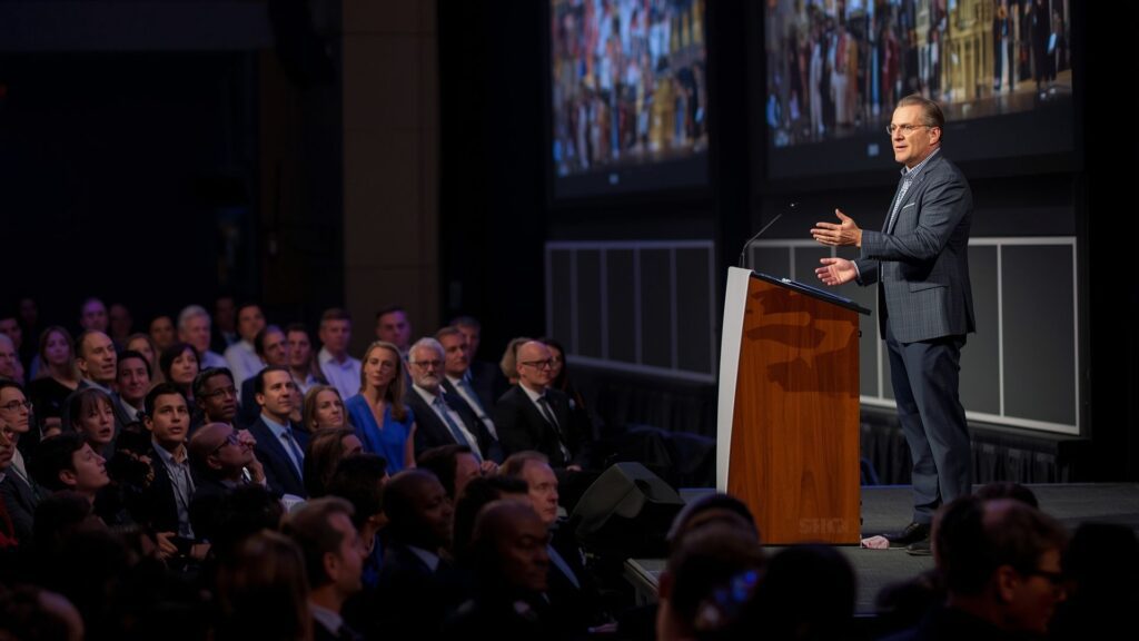 Cork explorer Pat Falvey delivering motivational leadership presentation to corporate audience