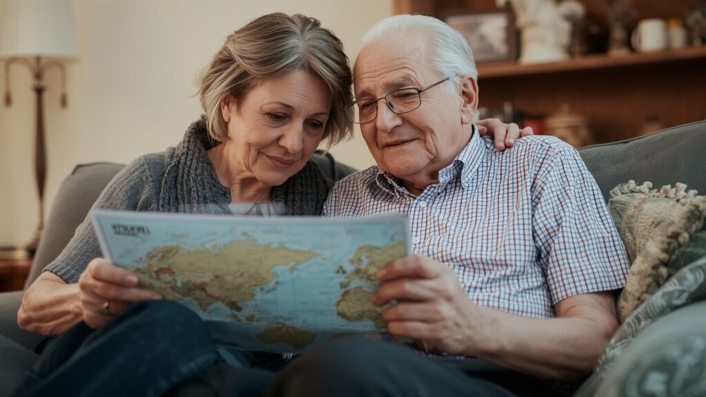 Tim Falvey and wife reviewing travel memories from decades of annual holidays