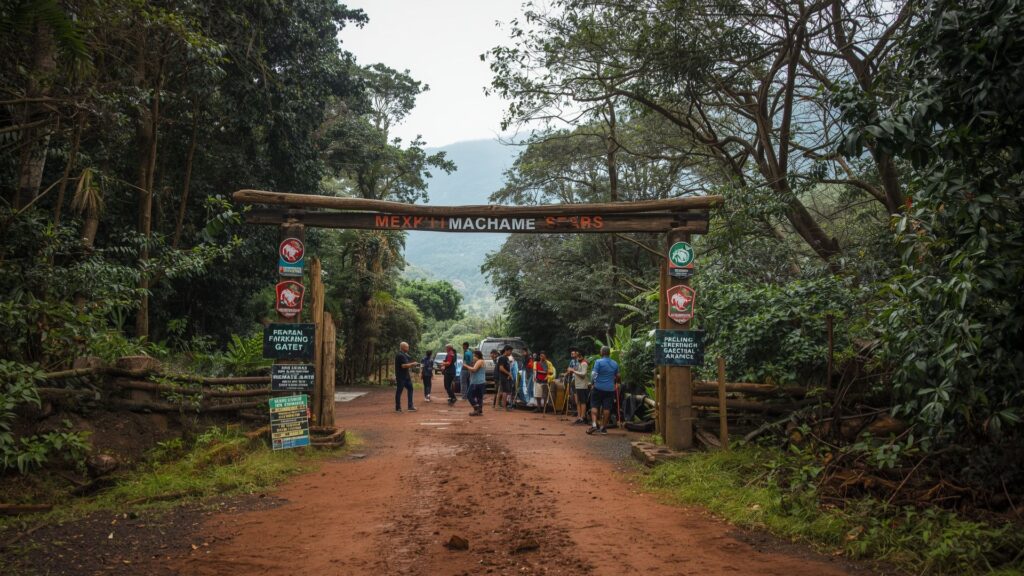 Machame Gate entrance where Irish harpist conquers Kilimanjaro expedition begins journey