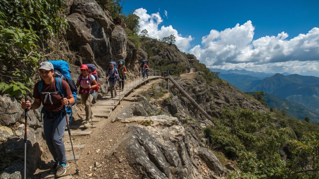 Trekkers ascending mountain trails during the challenging Everest Base Camp Trek in Nepal Himalayas