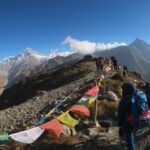 Trekkers following the Everest Base Camp trek itinerary with Mount Everest visible in the distance