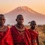 Culture of the Maasai tribe showcased by warriors in traditional red shukas on the East African plains near Kilimanjaro
