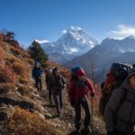 Best time to trek to Everest Base Camp shows trekkers on trail with Mount Everest visible under clear skies