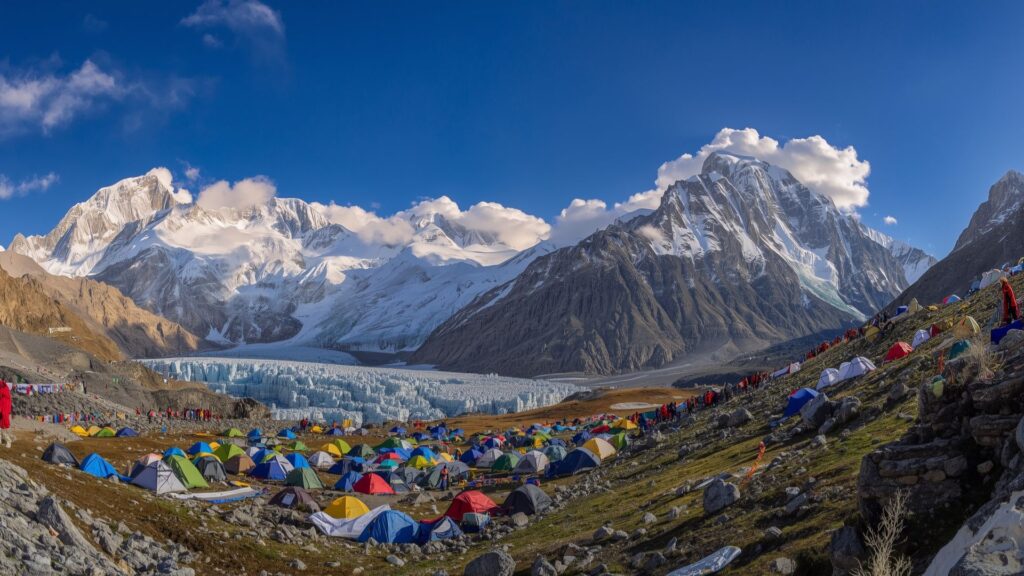 Best time to trek to Everest Base Camp offers clear visibility of peaks and base camp area like this view