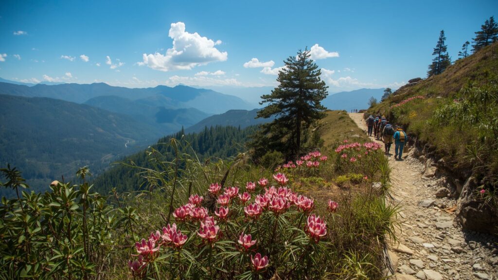 Best time to trek to Everest Base Camp in spring features blooming rhododendrons along the trail