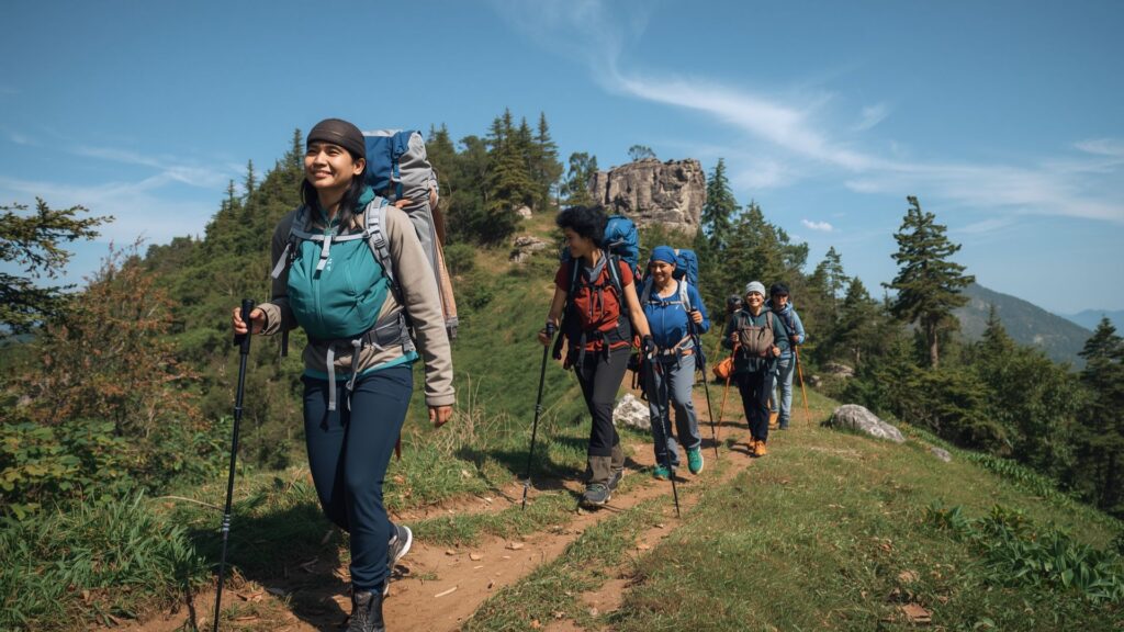 Trekker's guide to Kilimanjaro preparation showing hikers training on mountain trail with backpacks and poles