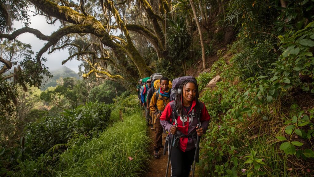 Trekker's guide to Kilimanjaro Machame Route through dense rainforest vegetation zone