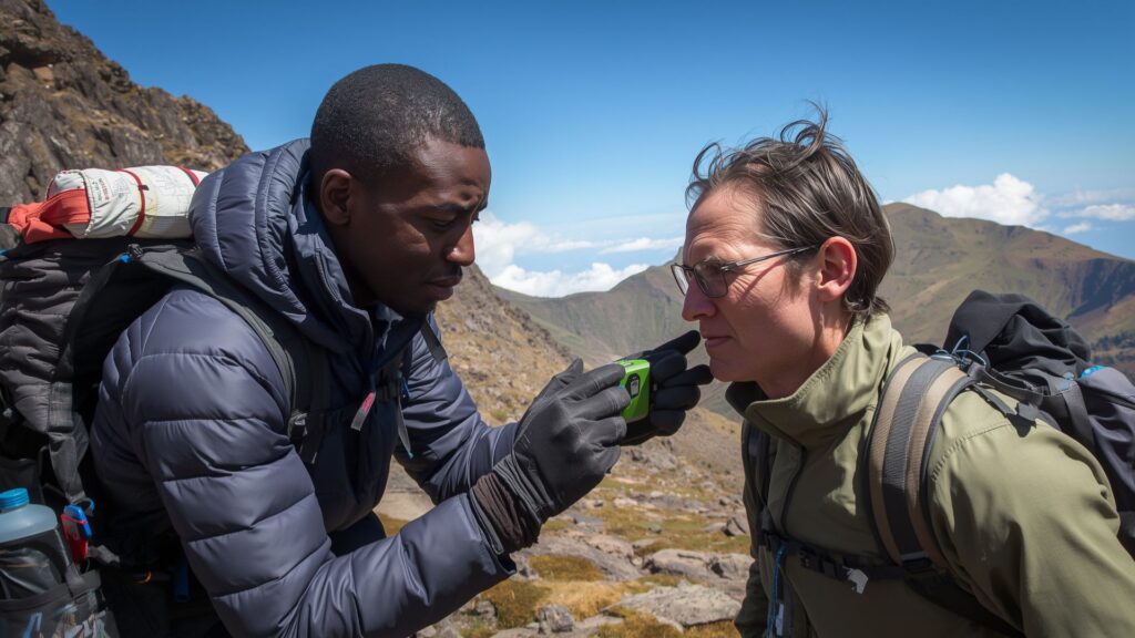Trekker's guide to Kilimanjaro showing experienced guide monitoring trekker health and oxygen levels