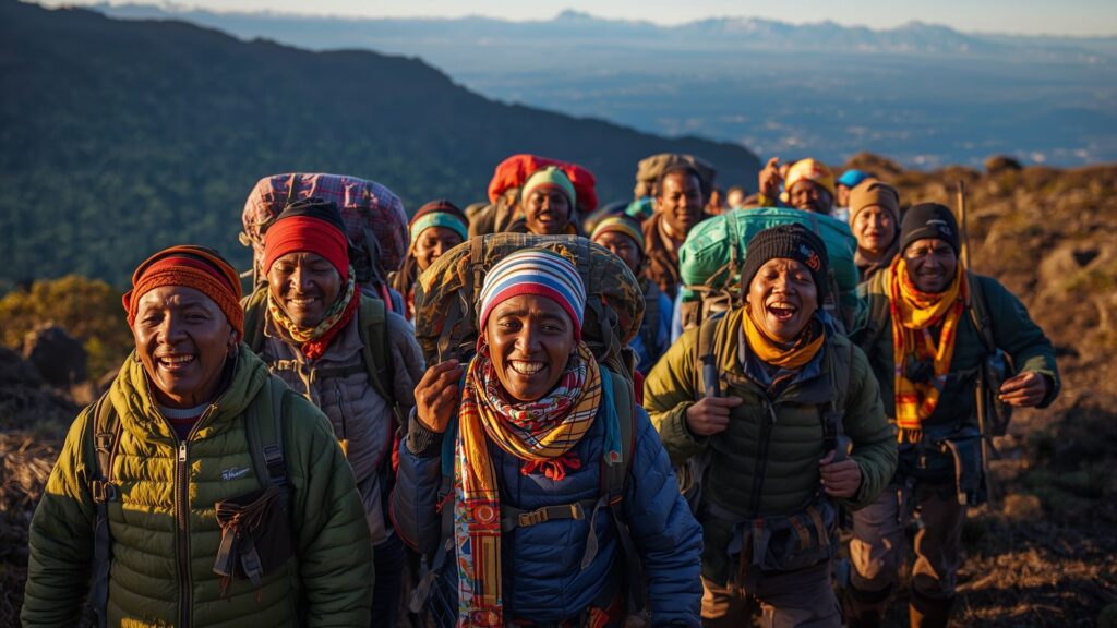 Trekker's guide to Kilimanjaro showing porters singing traditional Swahili songs during trek