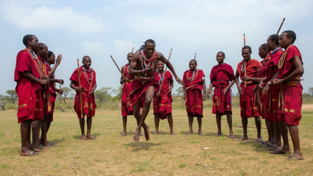Culture of the Maasai tribe celebrated through the traditional Adumu jumping dance performed by warriors