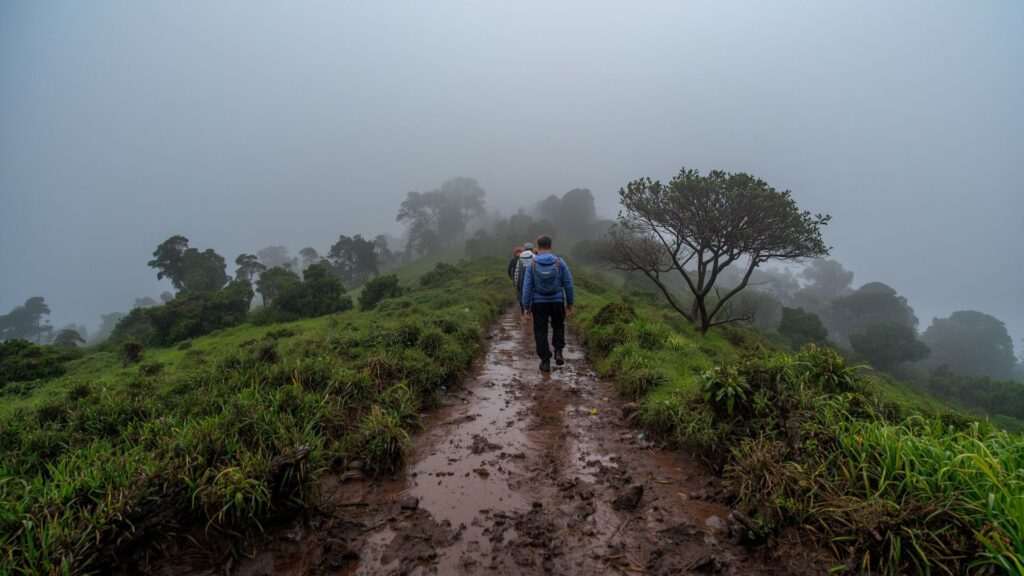 Best time to climb Kilimanjaro excludes rainy season as shown by muddy trails and poor visibility during April to May rainfall