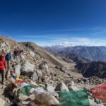 Trekkers on the Everest Base Camp Trek with Mount Everest summit visible in the Khumbu Valley Nepal